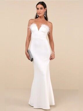 Lulus Ostrich Feather White Strapless Mermaid Maxi Dress